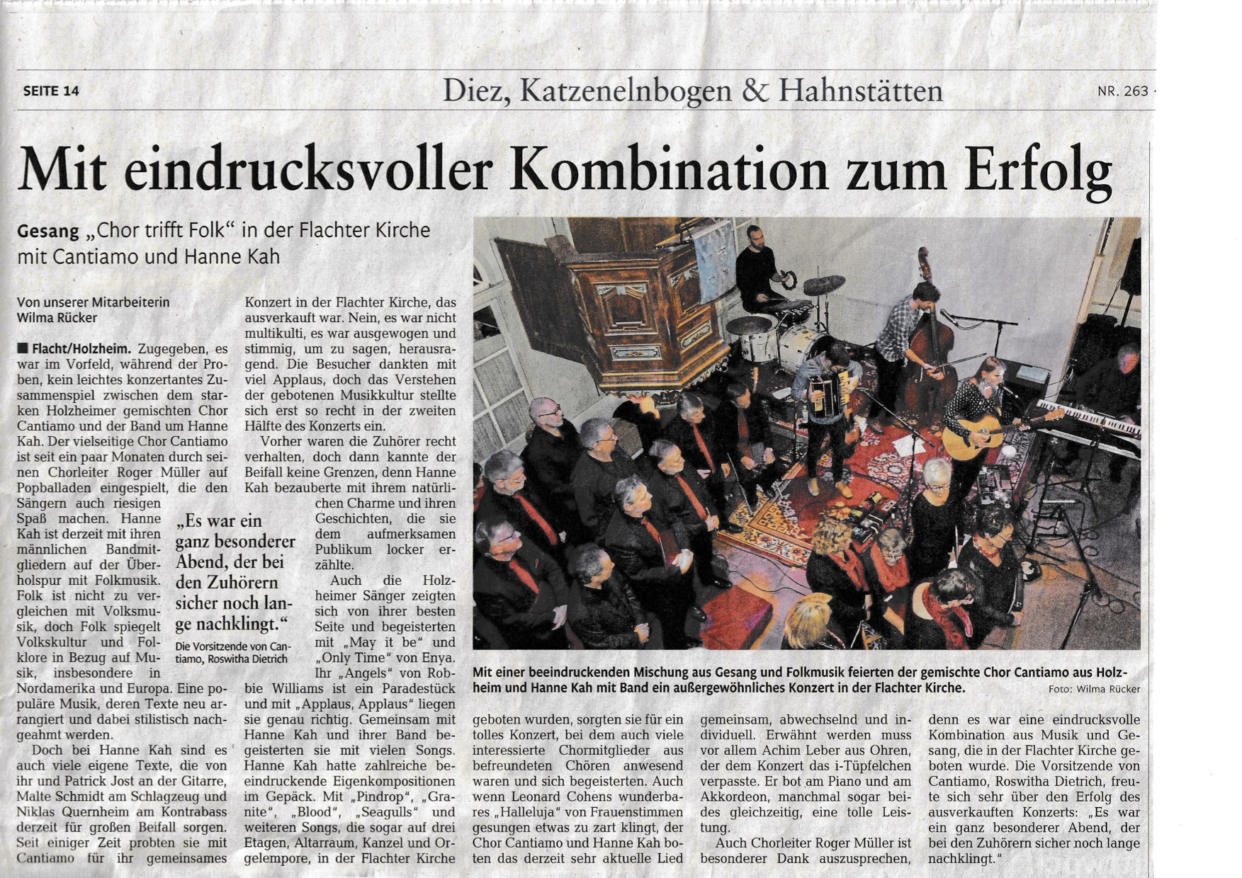 Presseartikel der Rhein-Lahn-Zeitung zum gemeinsamen Konzert mit Hanne Kah